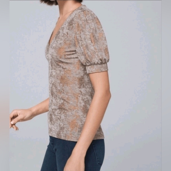 White House Black Market Gray and Brown Puff Sleeve Top - Picture 3 of 7
